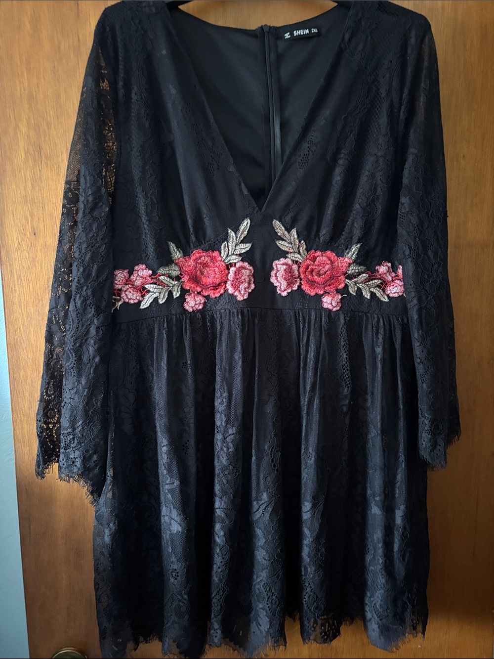 SHEIN Black Lace Long Sleeve Dress with Pink Rose Embroidery